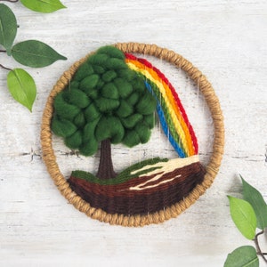 Vintage Tree and Rainbow Wall Hanging Circular Weaving Woven Fiber Art Rainbow Art Small Woven Wall Hanging Round Piece for Wall image 1