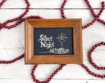 Vintage Silent Night Cross Stitch - Framed Christmas Art - Holiday Decor - Vintage Christmas Wall Art - Christmas Cross Stitch Wall Hanging