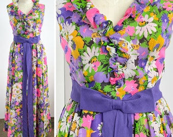 60's Floral Sleeveless Dress - Long Vibrant Floral Gown - Size Small Pink and Lavender Miss Elliette Maxi Dress - Flowy Retro Flowery Dress