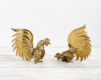2 Vintage Brass Fighting Roosters - Pair of Cocks - Rooster Figurines - Rooster Statues - Gamecock - Gold Birds for Shelf- Mid Century Decor