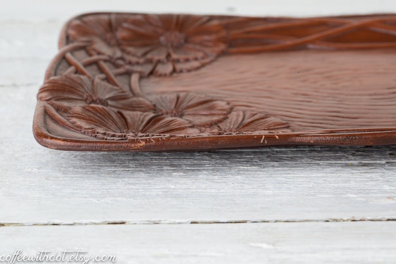 Vintage Pressed Tray Faux Carved Wood Dish Floral Serving Tray Syroco Wood Farmhouse Decor Centerpiece Tray Trinket Dish image 8