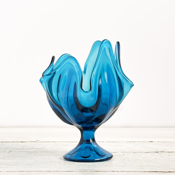 Vintage Blue Viking Art Glass Pedestal Dish - Handkerchief Pedestal Vase - Electric Blue Compote - Midcentury Glass- Mid Century Swung Glass