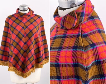 Vintage 60's Plaid Capelet - Vibrant Fringed Poncho - Orange, Pink, Mustard Yellow - Colorful Tartan Short Poncho - Warm Layers - Retro Top