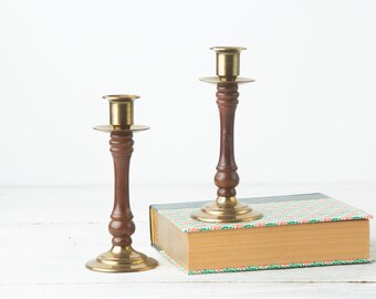 2 Vintage Brass and Wood Candlesticks - Mixed Material Candle Stick Holders - Brass Taper Candle Holders- Boho Decor- Candlestick Holders