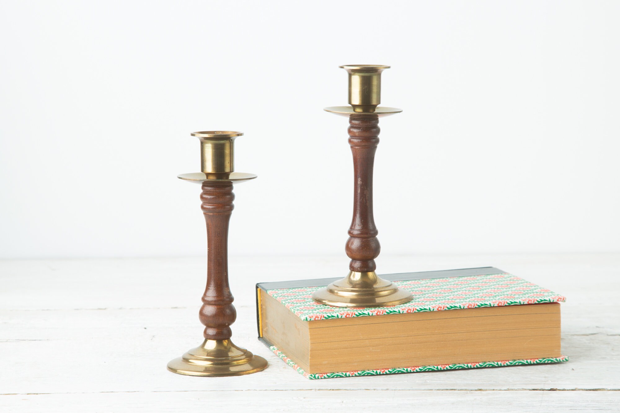 2 Vintage Brass and Wood Candlesticks Mixed Material Candle Etsy
