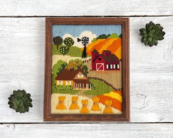 Vintage Embroidery of Farm - Embroidered Crewel Farmhouse Art - Stitched Farm Picture- Embroidered Cottage Picture- Colorful Retro Fiber Art