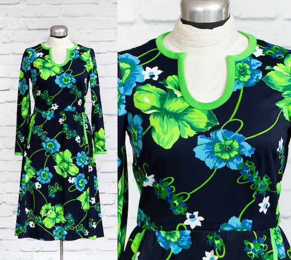 Vintage Vibrant Blue and Green Floral Dress - 60's