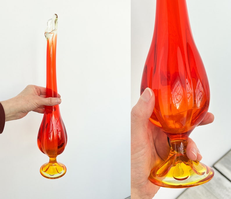 ONE Vintage Mid Century Swung Vase Vibrant Blown Glass Tall Narrow Vase MCM Slag Glass Vase Fenton Amberina Hobnail Viking L.E. Smith Viking Glass