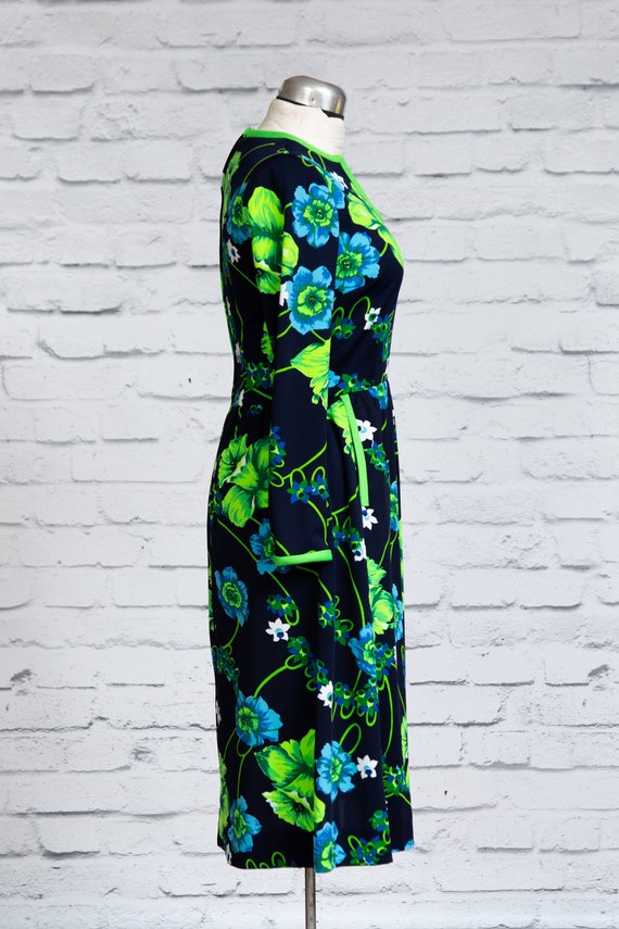 Vintage Vibrant Blue and Green Floral Dress - 60'… - image 2