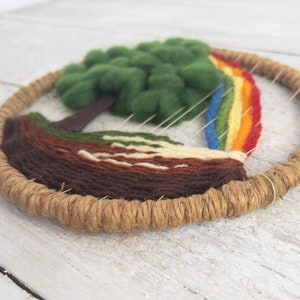 Vintage Tree and Rainbow Wall Hanging Circular Weaving Woven Fiber Art Rainbow Art Small Woven Wall Hanging Round Piece for Wall image 3