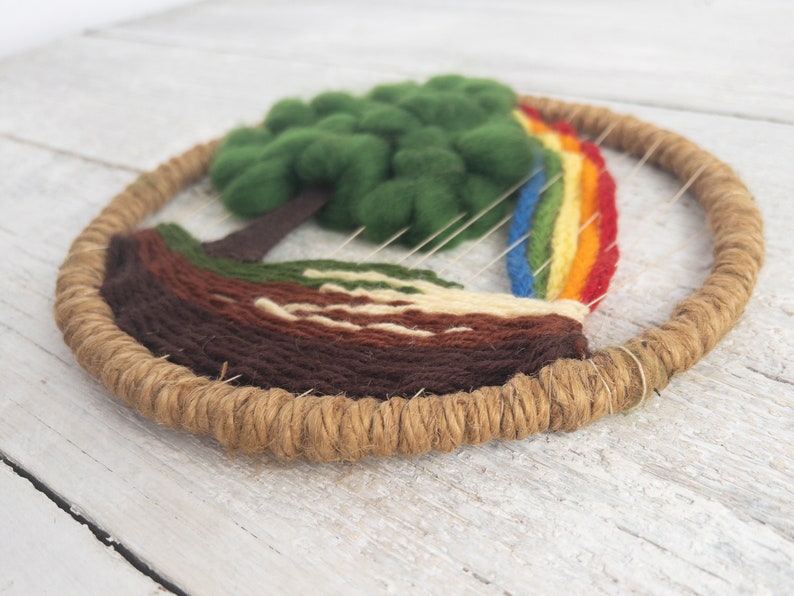 Vintage Tree and Rainbow Wall Hanging Circular Weaving Woven Fiber Art Rainbow Art Small Woven Wall Hanging Round Piece for Wall image 3