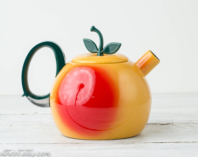 Vintage Apple Teapot Peach Shaped Teapot Enameled Apple Shaped Teapot
