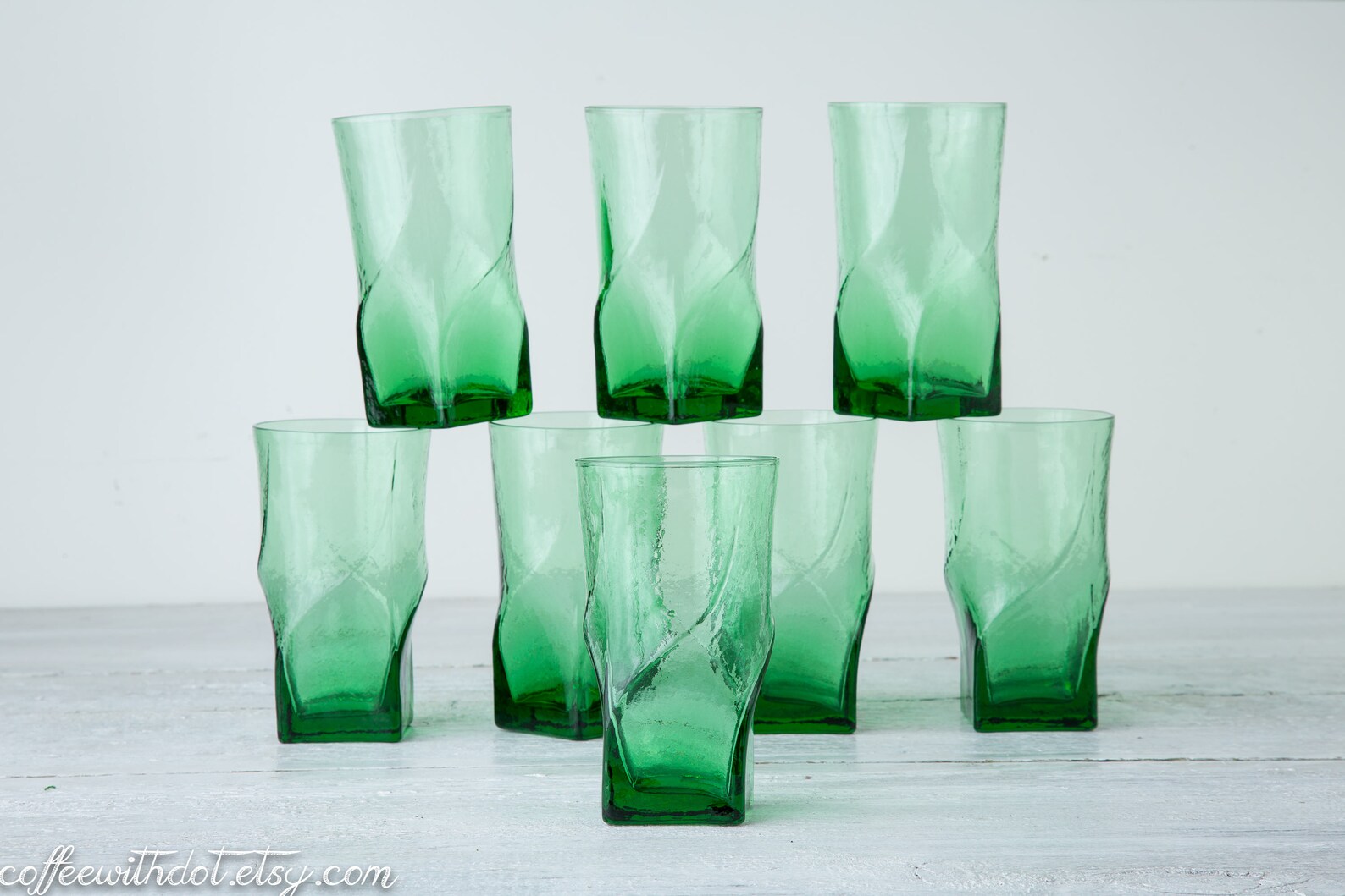 8 Vintage Green Drinking Glasses Square Twist Tumblers Etsy