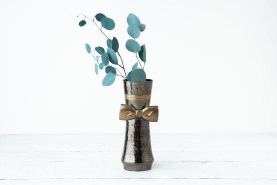 Vintage Brass Vase With Bow Black And Gold Vase Unique Etsy