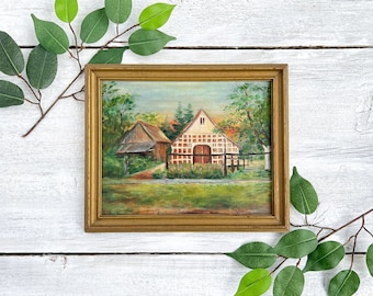 Vintage 1930's Cottage Painting - 8x10 Hand Painted German Home - Painted Wall Art - 8 x 10 Folk Art Painting - Sittensen Hanover Germany