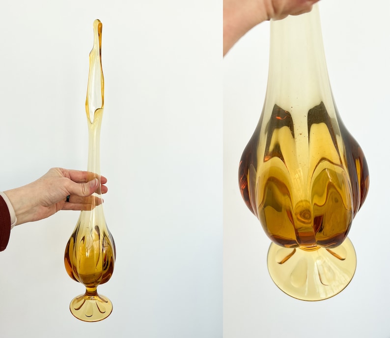 ONE Vintage Mid Century Swung Vase Vibrant Blown Glass Tall Narrow Vase MCM Slag Glass Vase Fenton Amberina Hobnail Viking L.E. Smith LE Smith/Viking Gold