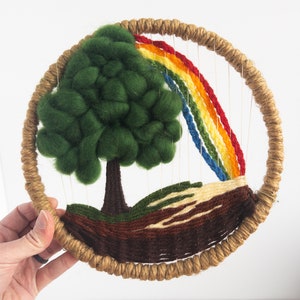 Vintage Tree and Rainbow Wall Hanging Circular Weaving Woven Fiber Art Rainbow Art Small Woven Wall Hanging Round Piece for Wall image 7