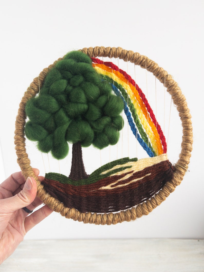 Vintage Tree and Rainbow Wall Hanging Circular Weaving Woven Fiber Art Rainbow Art Small Woven Wall Hanging Round Piece for Wall image 7