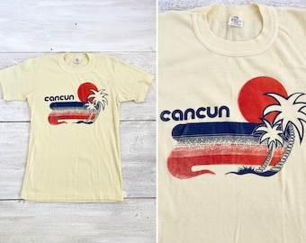 Vintage 70's Yellow Cancun T-Shirt - Trueno Butter Yellow Cotton Poly Tee Shirt - Size S/M Single Stitch 1970s Tshirt - 70s Fashion