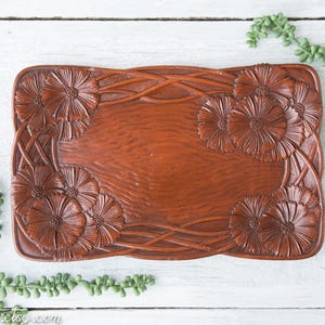 Vintage Pressed Tray Faux Carved Wood Dish Floral Serving Tray Syroco Wood Farmhouse Decor Centerpiece Tray Trinket Dish image 1