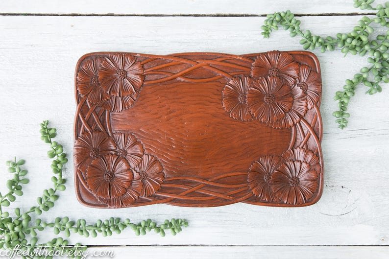 Vintage Pressed Tray Faux Carved Wood Dish Floral Serving Tray Syroco Wood Farmhouse Decor Centerpiece Tray Trinket Dish image 1