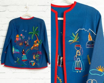 Vintage 1950's Blue Wool Felt Souvenir Jacket - Embroidered Tourist Jacket from Mexico - Vibrant Embroidered Top