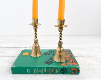 2 Vintage Brass Tassel Candlesticks- Gold Candlestick Holder Pair- Brass Taper Candle Holders- Wedding Decor- Centerpiece Decor- Brass Decor