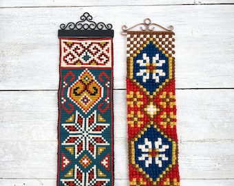 ONE Vintage Bell Pull Tapestry - Scandinavian Embroidered Wall Art - Woven Wall Hanging- Norwegian Needlepoint Embroidery- Blue, Red, Yellow