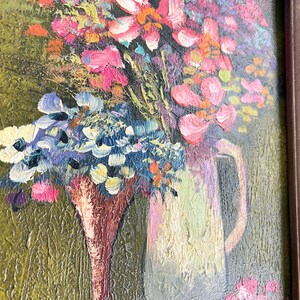Vintage Mid Century Floral Painting Hand Painted Pink Flower Painting Floral Textured Wall Art 8 x 10 Still Life Painting Vibrant Art image 2