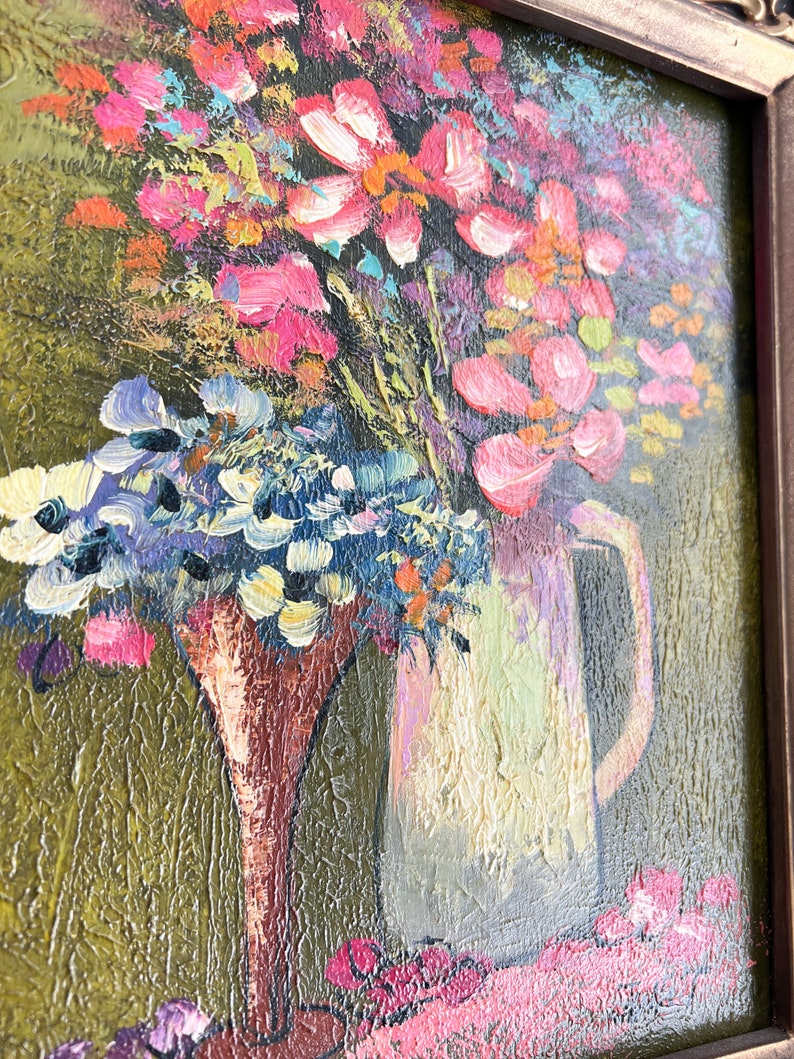 Vintage Mid Century Floral Painting Hand Painted Pink Flower Painting Floral Textured Wall Art 8 x 10 Still Life Painting Vibrant Art image 2