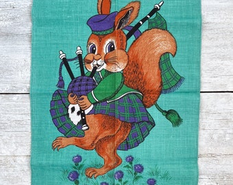 Vintage Kitchen Linen Towel - Nutty Squirrel Tea Towel - Scottish Turquoise Linanne Kitchen Dish Towel - Fun Kitchen Decor - Funny Decor