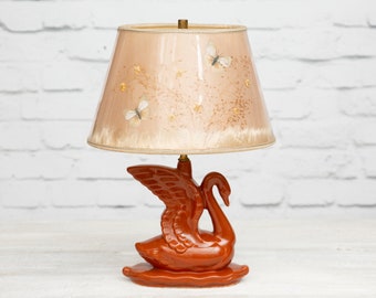 Vintage Swan Lamp - Van Briggle Art Pottery 50's Bird Lamp with Butterfly Shade - Dark Burnt Orange Table Lamp with Shade- Mid Century Decor