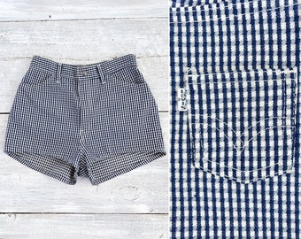 Vintage 70's Checkered Levi's Hotpants Shorts - 1970's Levis Booty Shorts - Navy Blue and White Gingham - 70s Levi Strauss Shorts