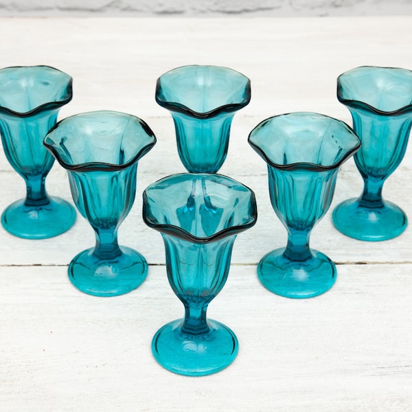 6 Vintage Teal Sundae Glasses - Anchor Hocking Tulip Footed Glasses - Parfait o Ice Cream Glasses - Colorido Dessert Glassware Set