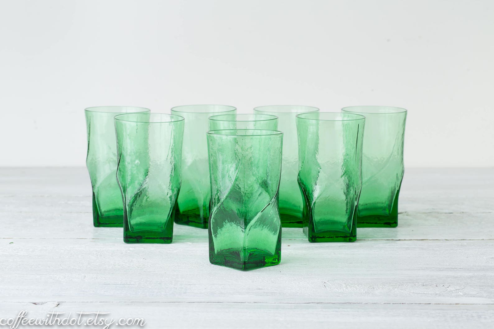 8 Vintage Green Drinking Glasses Square Twist Tumblers Etsy