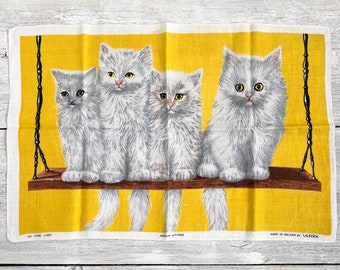 Vintage Kitchen Linen Towel - Cats Tea Towel - Yellow Ulster Ireland Kitchen Dish Towel with Kittens - Retro Kitchen Decor - Yellow Kitchen