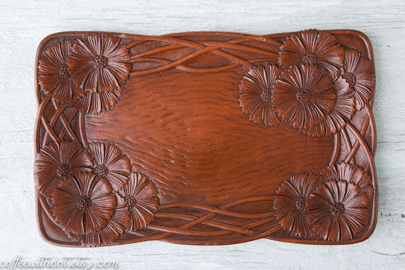 Vintage Pressed Tray Faux Carved Wood Dish Floral Serving Tray Syroco Wood Farmhouse Decor Centerpiece Tray Trinket Dish image 2