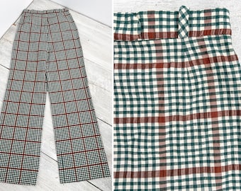 Vintage 70's Green Plaid Seersucker Flares - Patterned Bell Bottoms - Retro Wide Leg Jeans - Plaid Pants - Festival Wear - 1970s Trousers