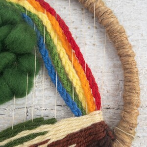 Vintage Tree and Rainbow Wall Hanging Circular Weaving Woven Fiber Art Rainbow Art Small Woven Wall Hanging Round Piece for Wall image 5