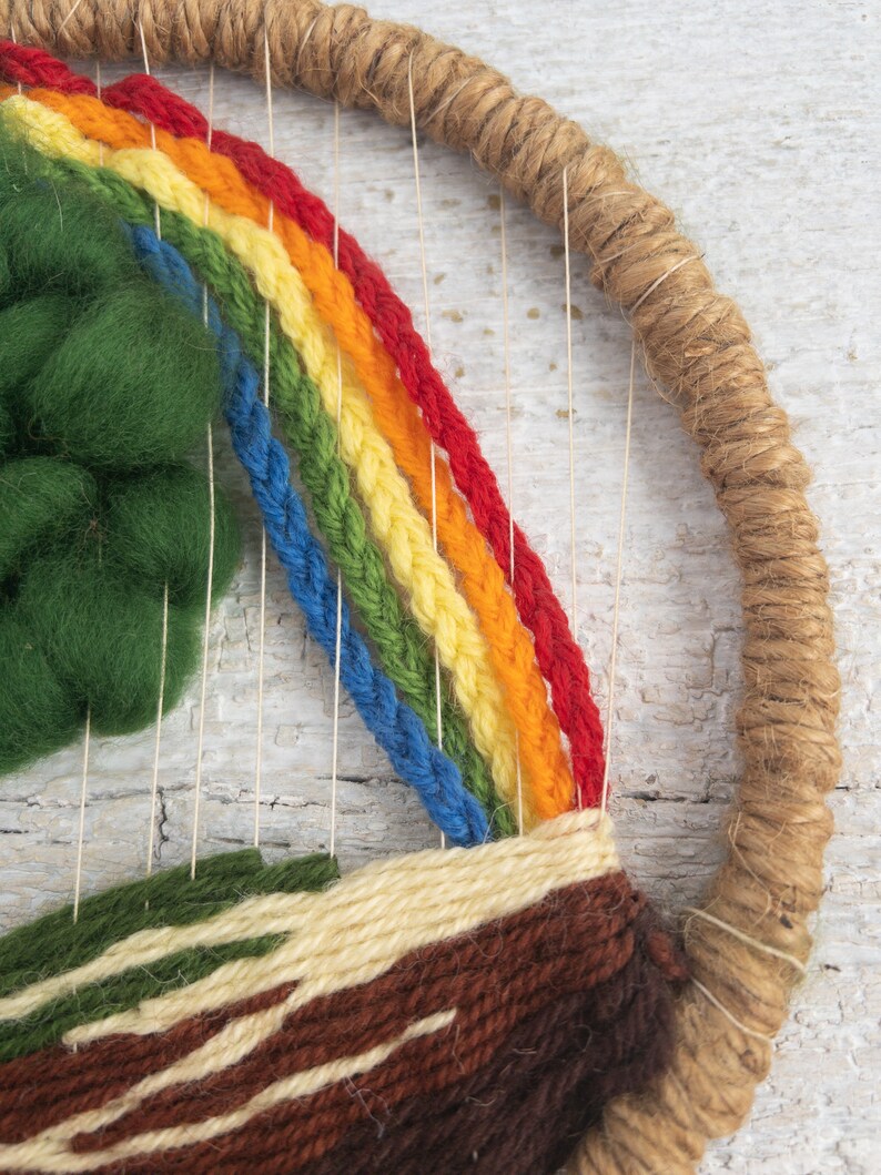 Vintage Tree and Rainbow Wall Hanging Circular Weaving Woven Fiber Art Rainbow Art Small Woven Wall Hanging Round Piece for Wall image 5