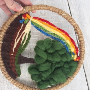 Vintage Tree and Rainbow Wall Hanging Circular Weaving Woven Fiber Art Rainbow Art Small Woven Wall Hanging Round Piece for Wall image 4