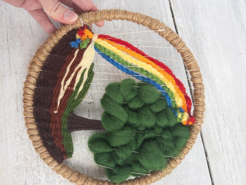 Vintage Tree and Rainbow Wall Hanging Circular Weaving Woven Fiber Art Rainbow Art Small Woven Wall Hanging Round Piece for Wall image 4