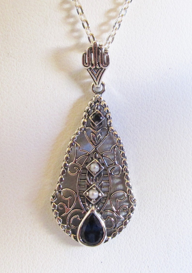 Sapphire and Seed Pearl Sterling Silver Filigree Pendant 18 Inch Chain Vintage Antique Art Deco Style