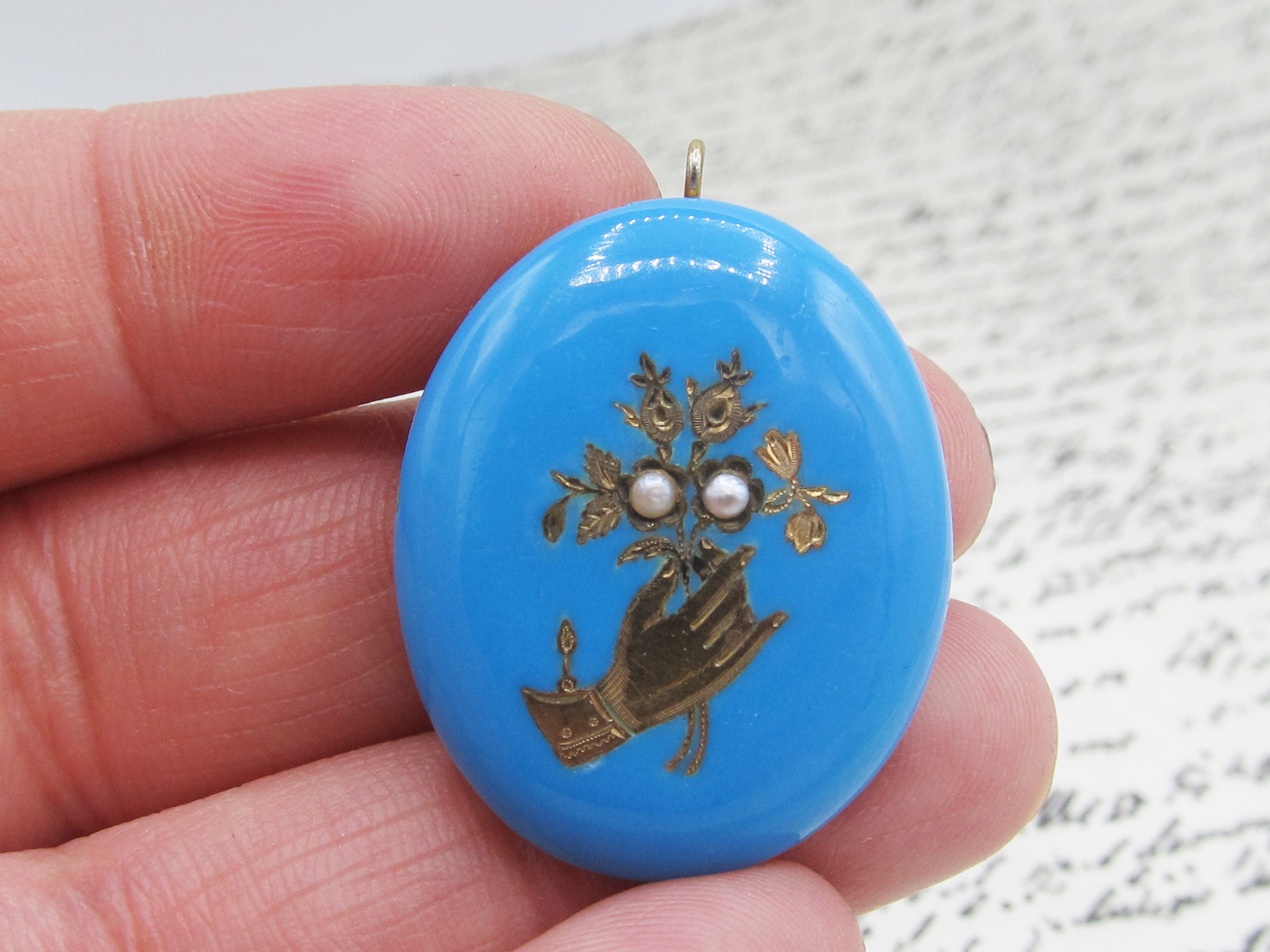 Antique Victorian Robins Egg Blue Enamel Seed Pearl Pendant Etsy