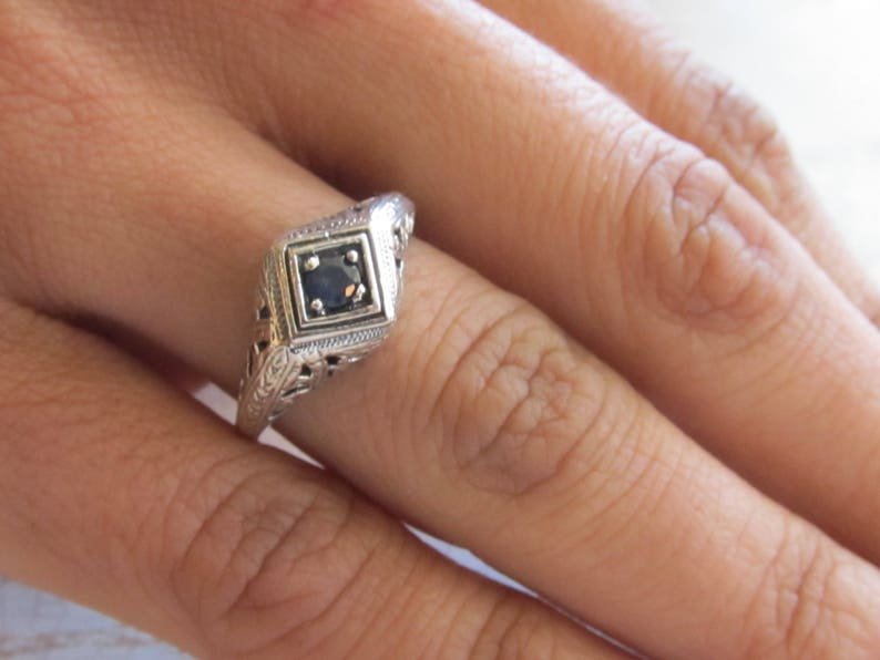 Genuine Sapphire Sterling Silver Filigree Engagement Ring Size 8 Antique Vintage Art Deco Blue Gemstone