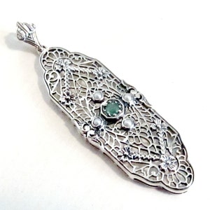 Handmade Genuine Emerald & Seed Pearl Filigree Pendant Necklace Sterling Silver w/ 18 inch Chain/ Antique Edwardian Art Deco Inspired