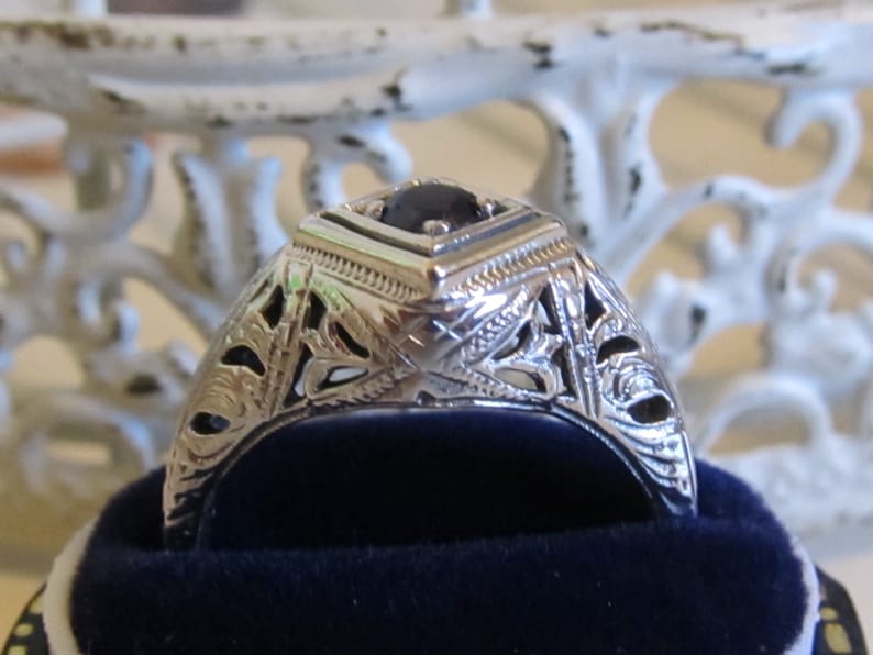 Genuine Sapphire Sterling Silver Filigree Engagement Ring Size 8 Antique Vintage Art Deco Blue Gemstone