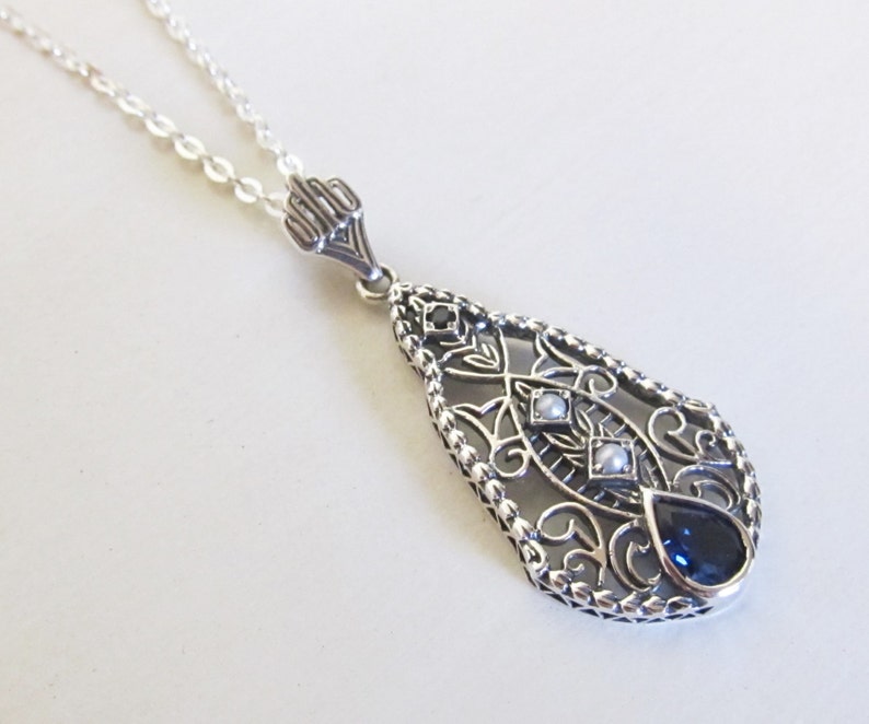 Sapphire and Seed Pearl Sterling Silver Filigree Pendant 18 Inch Chain Vintage Antique Art Deco Style