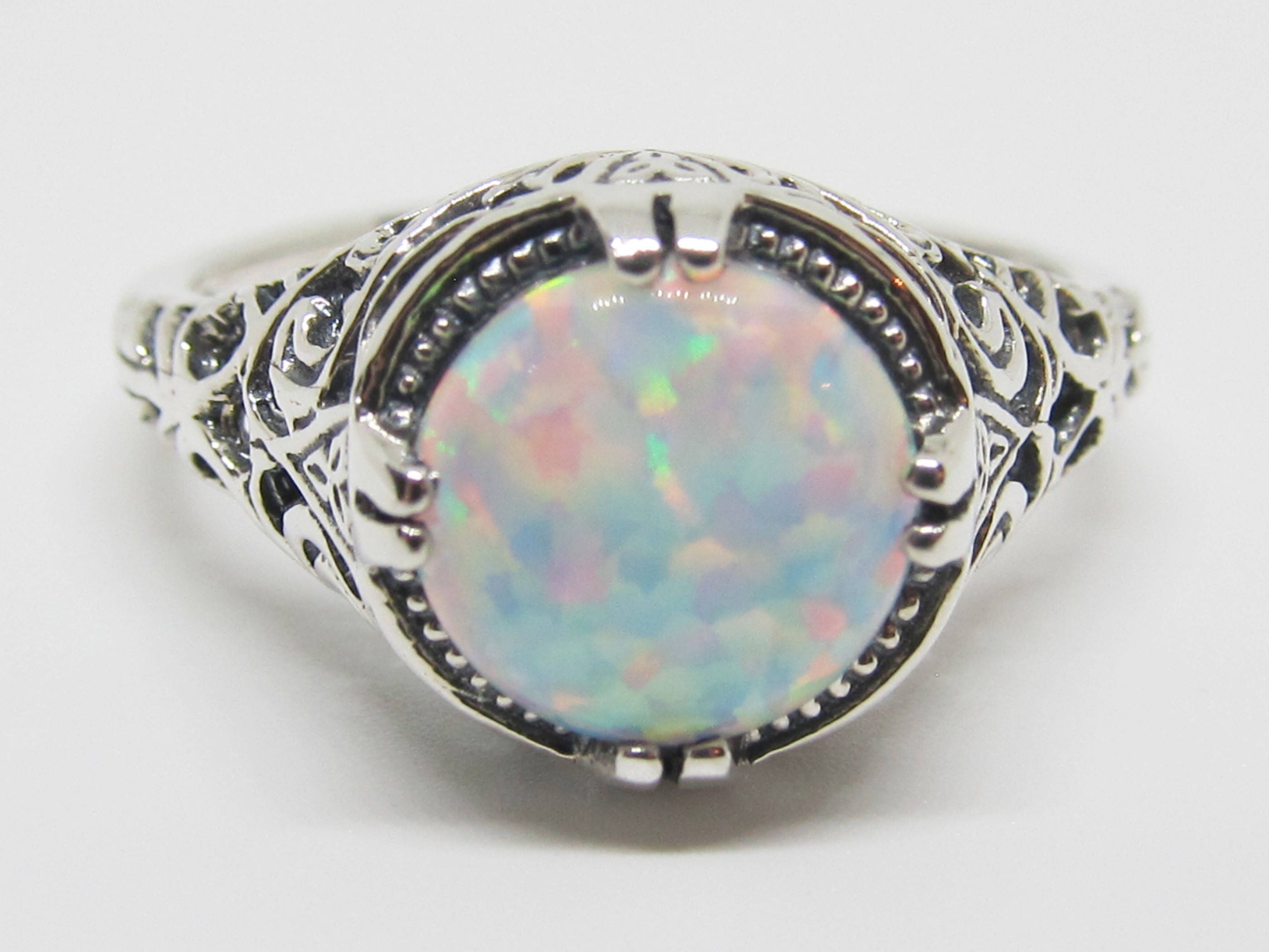 Opal Engagement Ring Sterling Silver Rhodium Filigree / | Etsy