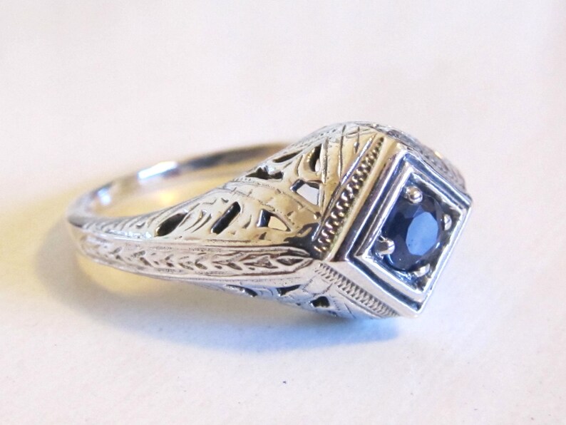 Genuine Sapphire Sterling Silver Filigree Engagement Ring Size 8 Antique Vintage Art Deco Blue Gemstone